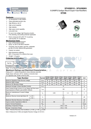 SFAS801G_13 datasheet - 8.0AMPS Surface Mount Super Fast Rectifiers