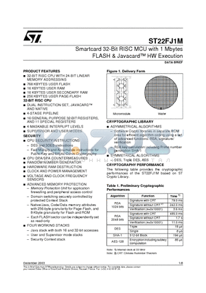 ST22FJ1M datasheet - Smartcard 32-Bit RISC MCU with 1 Mbytes FLASH & Javacard HW Execution