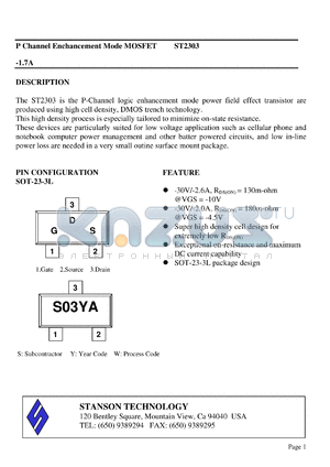 ST2303 datasheet - P Channel Enchancement Mode MOSFET
