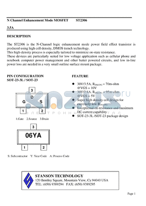 ST2306 datasheet - N Channel Enhancement Mode MOSFET