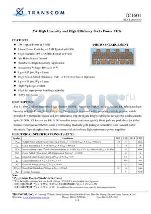 TC1601 datasheet - 2W High Linearity and High Efficiency GaAs Power FETs