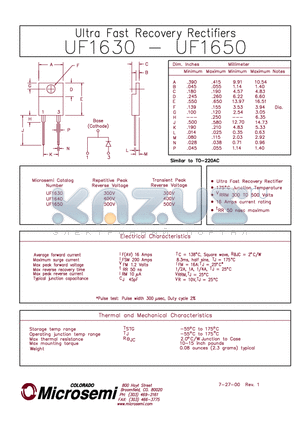 UF1630 datasheet - ULTRA FAST RECOVERY RECTIFIER