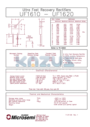 UF1610 datasheet - ULTRA FAST RECOVERY RECTIFIER