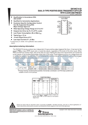 SN74HC74QPWRQ1 datasheet - DUAL D-TYPE POSITIVE-EDGE-TRIGGERED FLIP-FLOP WITH CLEAR AND