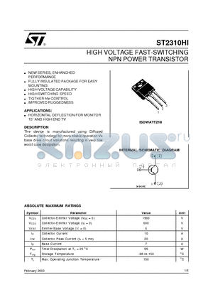 ST2310HI datasheet - HIGH VOLTAGE FAST-SWITCHING NPN POWER TRANSISTOR