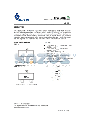 ST2315SRG datasheet - ST2315SRG is the P-Channel logic enhancement mode power field effect transistor which is produced using high cell density, DMOS trench technology.