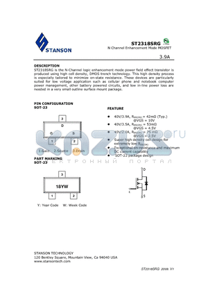 ST2318SRG datasheet - ST2318SRG is the N-Channel logic enhancement mode power field effect transistor is produced using high cell density, DMOS trench technology.