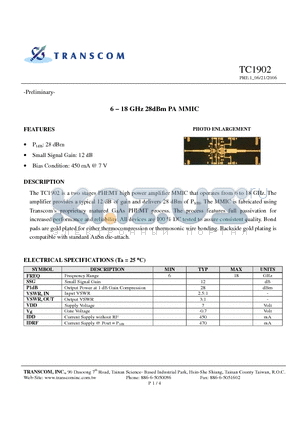 TC1902 datasheet - 6 - 18 GHz 28dBm PA MMIC