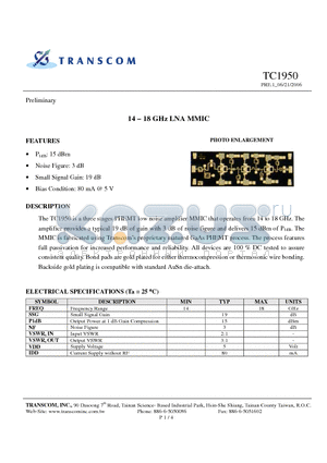 TC1950 datasheet - 14 - 18 GHz LNA MMIC