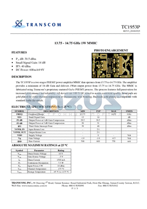 TC1953P datasheet - 13.75 - 14.75 GHz 1W MMIC