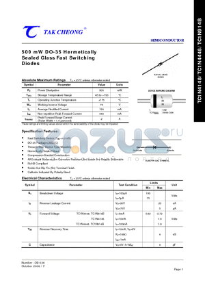 TC1N4148 datasheet - 500 mW DO-35 Hermetically Sealed Glass Fast Switching Diodes