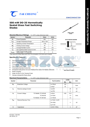 TC1N4148_10 datasheet - 500 mW DO-35 Hermetically Sealed Glass Fast Switching Diodes
