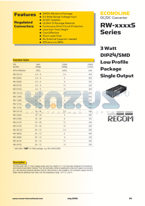 RW-0509S/SMD datasheet - 3 Watt DIP24/SMD Low Profile Package Single Output