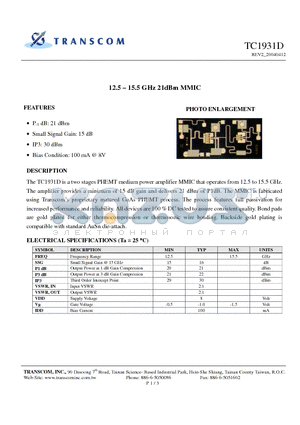 TC1931D datasheet - 12.5 - 15.5 GHz 21dBm MMIC