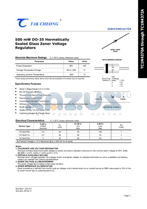 TC1N4371A datasheet - 500 mW DO-35 Hermetically Sealed Glass Zener Voltage Regulators