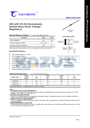 TC1N4372A datasheet - 500 mW DO-35 Hermetically Sealed Glass Zener Voltage Regulators