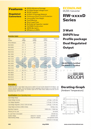 RW-1205D datasheet - 3 Watt DIP24 low Profile package Dual Regulated Output