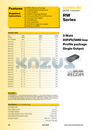 RW-1205S datasheet - 2 Watt DIP24/SMD low Profile package Single Output