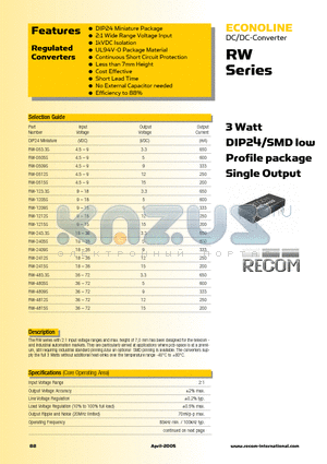 RW-1209S datasheet - 2 Watt DIP24/SMD low Profile package Single Output