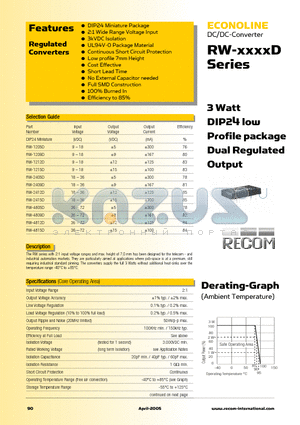 RW-1212D datasheet - 3 Watt DIP24 low Profile package Dual Regulated Output