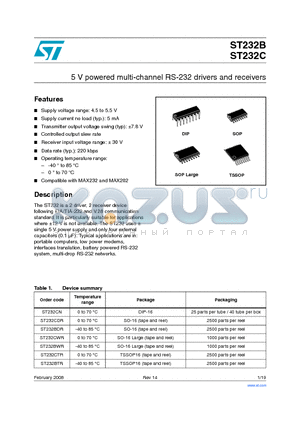 ST232BTR datasheet - 5 V powered multi-channel RS-232 drivers and receiversr