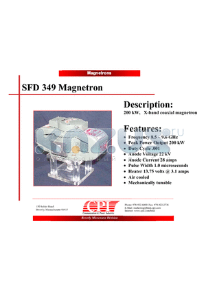 SFD349 datasheet - 200 kW, X-band coaxial magnetron