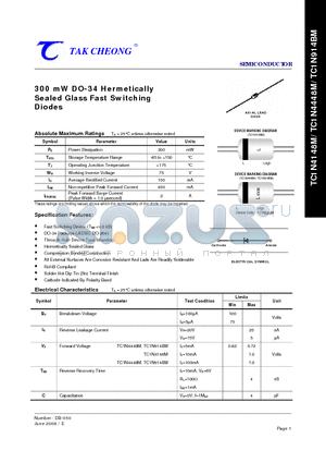 TC1N4448M datasheet - 300 mW DO-34 Hermetically Sealed Glass Fast Switching Diodes