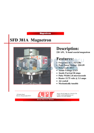SFD381A datasheet - 220 kW, X-band coaxial magnetron