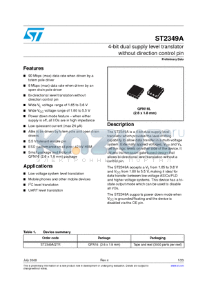ST2349AQTR datasheet - 4-bit dual supply level translator without direction control pin