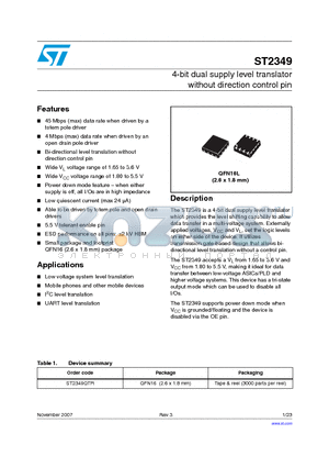 ST2349QTR datasheet - 4-bit dual supply level translator without direction control pin