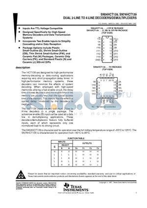 SN74HCT139N datasheet - DUAL 2-LINE TO 4-LINE DECODERS/DEMULTIPLEXERS