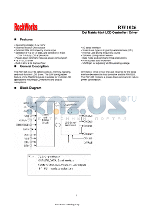 RW1026 datasheet - Dot Matrix 48x4 LCD Controller / Driver