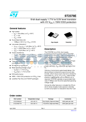 ST2378E-06 datasheet - 8-bit dual supply 1.71V to 5.5V level translator with I/O VCC a 15KV ESD protection