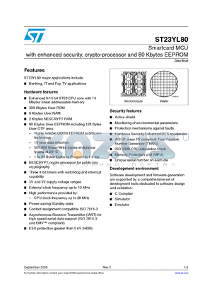 ST23YL80 datasheet - Smartcard MCU with enhanced security, crypto-processor and 80 Kbytes EEPROM