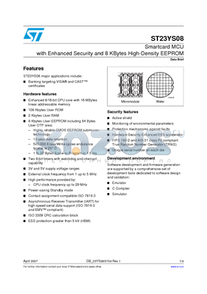 ST23YS08 datasheet - Smartcard MCU Smartcard MCU with Enhanced Security and 8 KBytes High-Density EEPROM