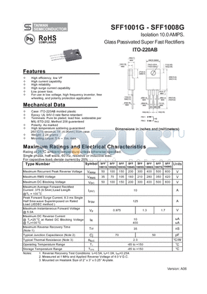 SFF1001G datasheet - Isolation 10.0 AMPS. Glass Passivated Super Fast Rectifiers