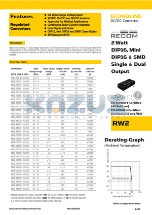 RW2-0512D datasheet - 2 Watt  DIP16,Mini DIP16 & SMD Single & Dual Output