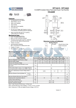 SFF1001G datasheet - 10.0AMPS Isolated Glass Passivated Super Fast Rectifier