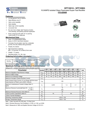 SFF1001G datasheet - 10.0AMPS Isolated Glass Passivated Super Fast Rectifier