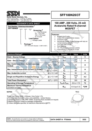 SFF100N20-3T datasheet - Avalanche Rated N-channel MOSFET