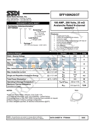 SFF100N20-3TTXV datasheet - Avalanche Rated N-channel MOSFET