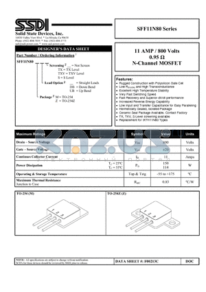 SFF11N80 datasheet - 11 AMP / 800 Volts 0.95 Y N-Channel MOSFET