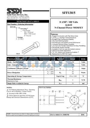 SFF130-5 datasheet - 8 AMP / 100 Volts 0.18OHM N-Channel POWER MOSFET