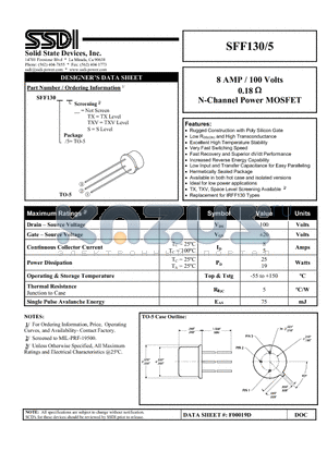 SFF130/5 datasheet - 8 AMP / 100 Volts 0.18OHM N-Channel POWER MOSFET