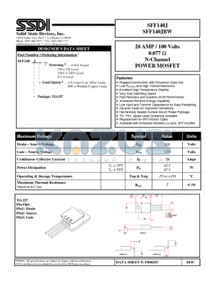 SFF140J datasheet - 28 AMP / 100 Volts 0.077OHM N-Channel POWER MOSFET