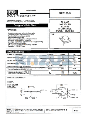 SFF150-3 datasheet - 30 AMP 100 Volts 0.055OHM N-Channel POWER MOSFET