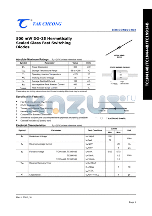 TC1N914B datasheet - 500 mW DO-35 Hermetically Sealed Glass Fast Switching Diodes