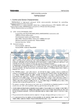 TMP92CD54I datasheet - 32-bit Micro-controller