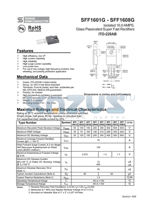 SFF1601G datasheet - Isolated 16.0 AMPS. Glass Passivated Super Fast Rectifiers