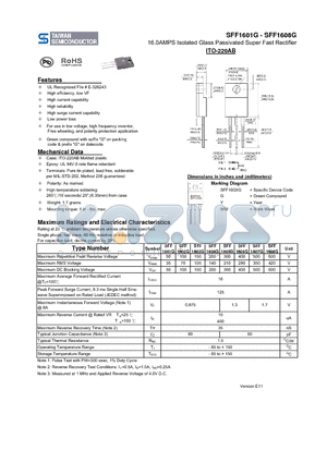 SFF1601G datasheet - 16.0AMPS Isolated Glass Passivated Super Fast Rectifier